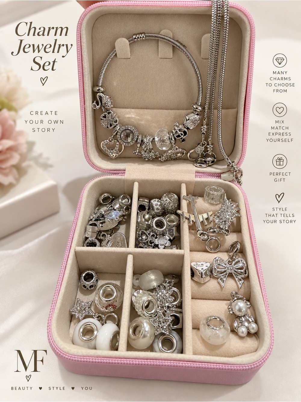Charm Jewelry Set in Silver and Cream
